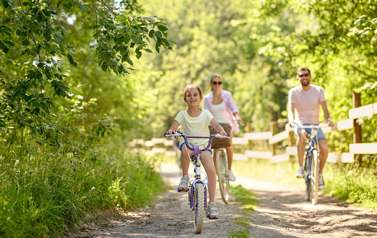 family bicycling on forest trail